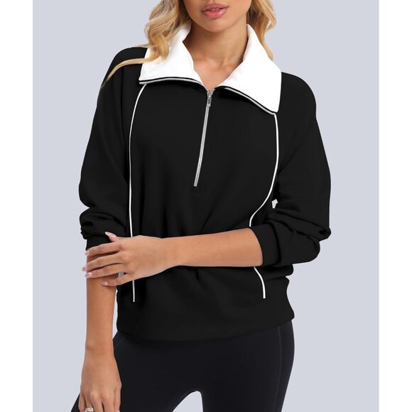 Womens Fashion Half Zip Oversized Sweatshirts Contrast Zipper Pullover Hoodies - Picture 6 of 6